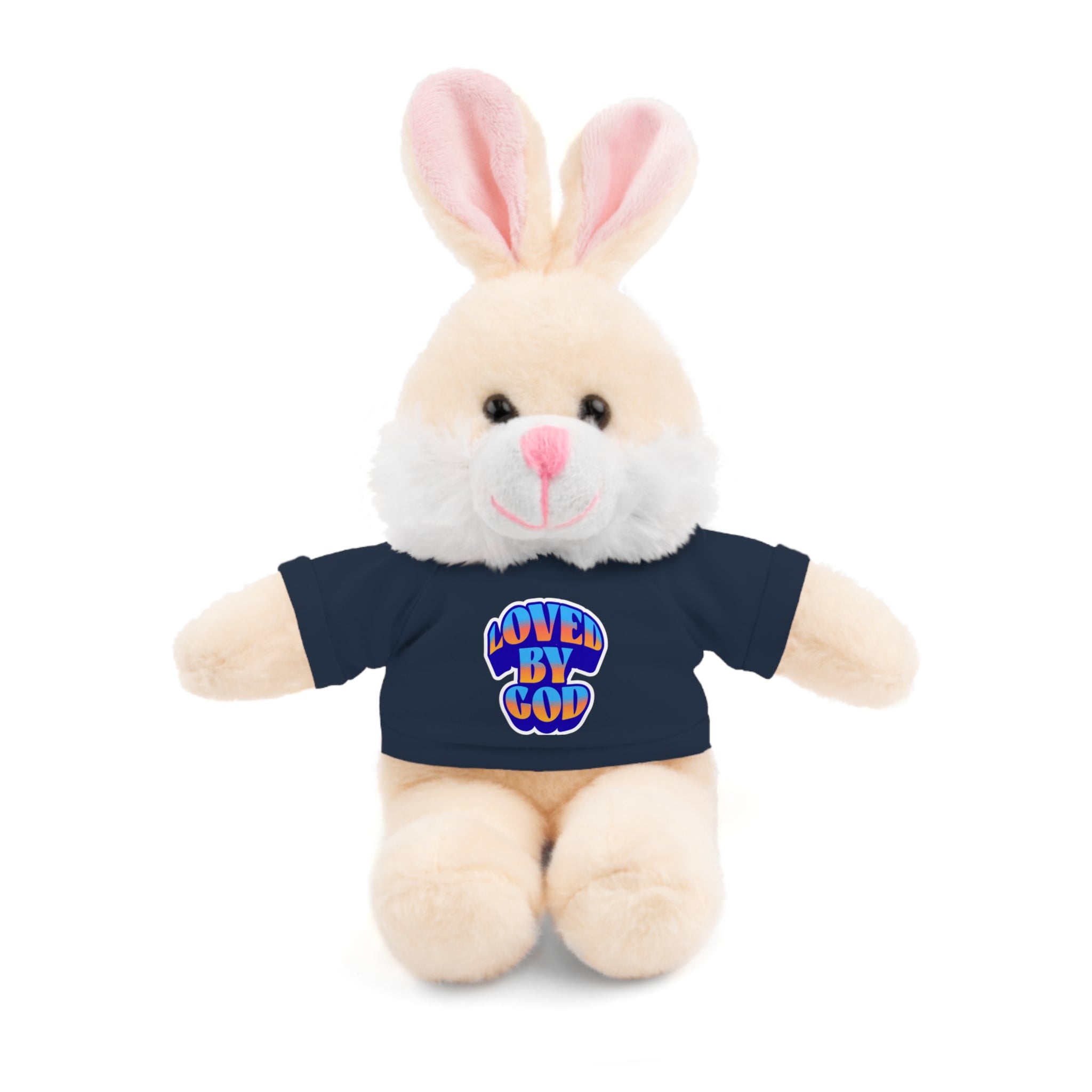 Cute plush bunny wearing a navy blue shirt with colorful "Loved by God" text on the front sitting upright
