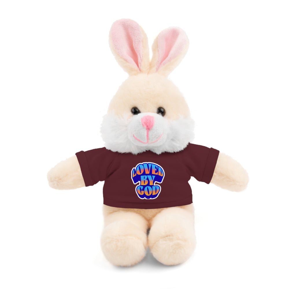 Plush bunny wearing a maroon shirt with colorful "Loved by God" text on the front sitting against white background