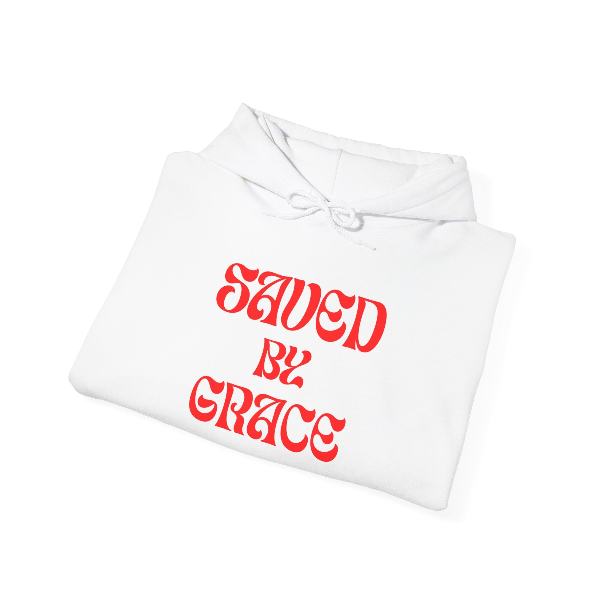 Saved By Grace Hoodie — White Christian Graphic Hoodie with Red Script Sleeve Text