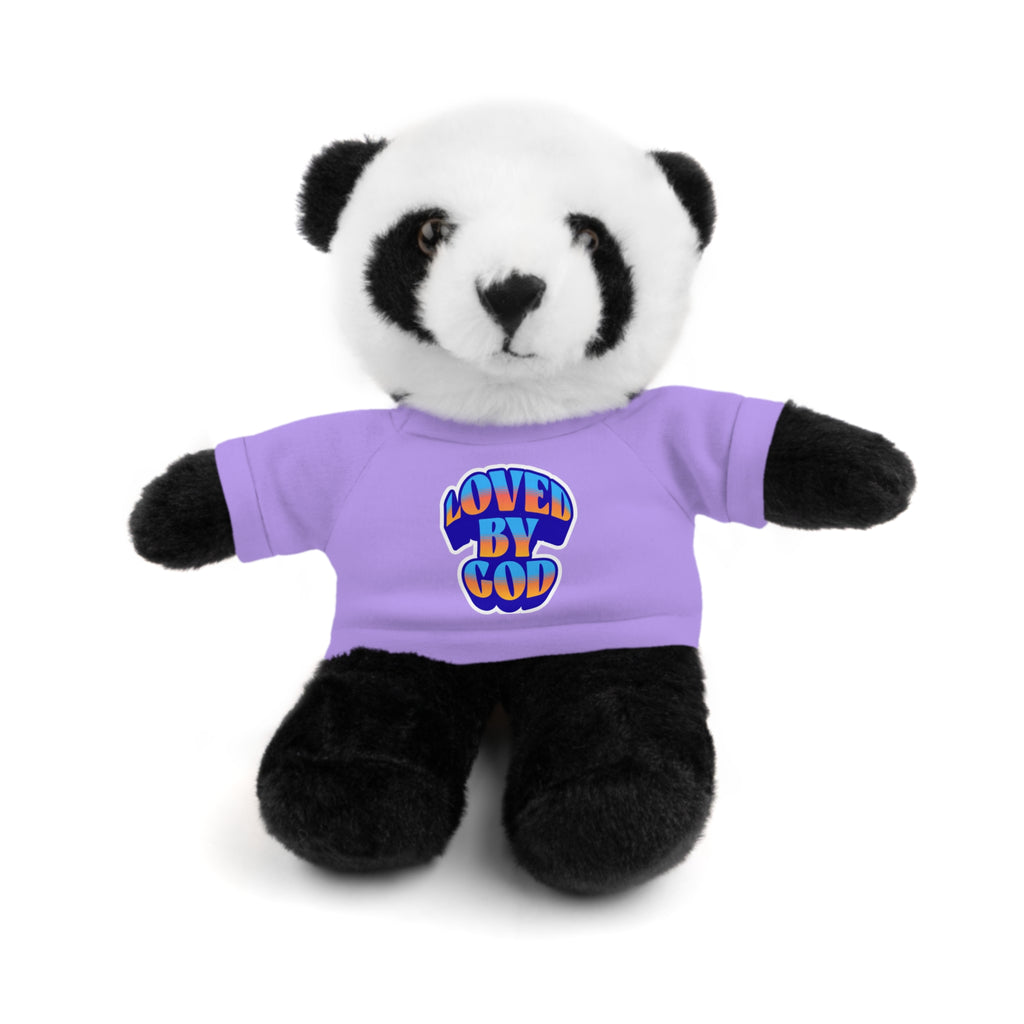 Black and white panda plush toy wearing a purple shirt with "Loved by God" text on the front.