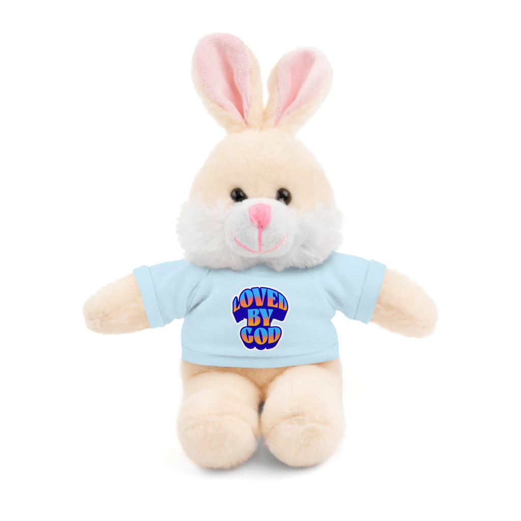 Plush bunny toy wearing a light blue shirt with colorful "Loved by God" text on the front sitting on white background.