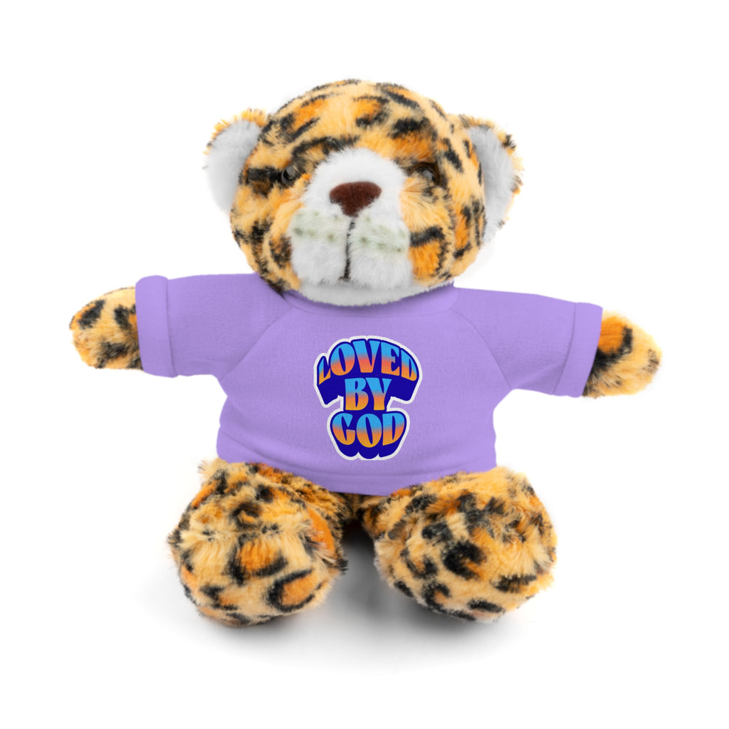 Plush leopard print teddy bear wearing a purple shirt with colorful "Loved by God" text on the front.