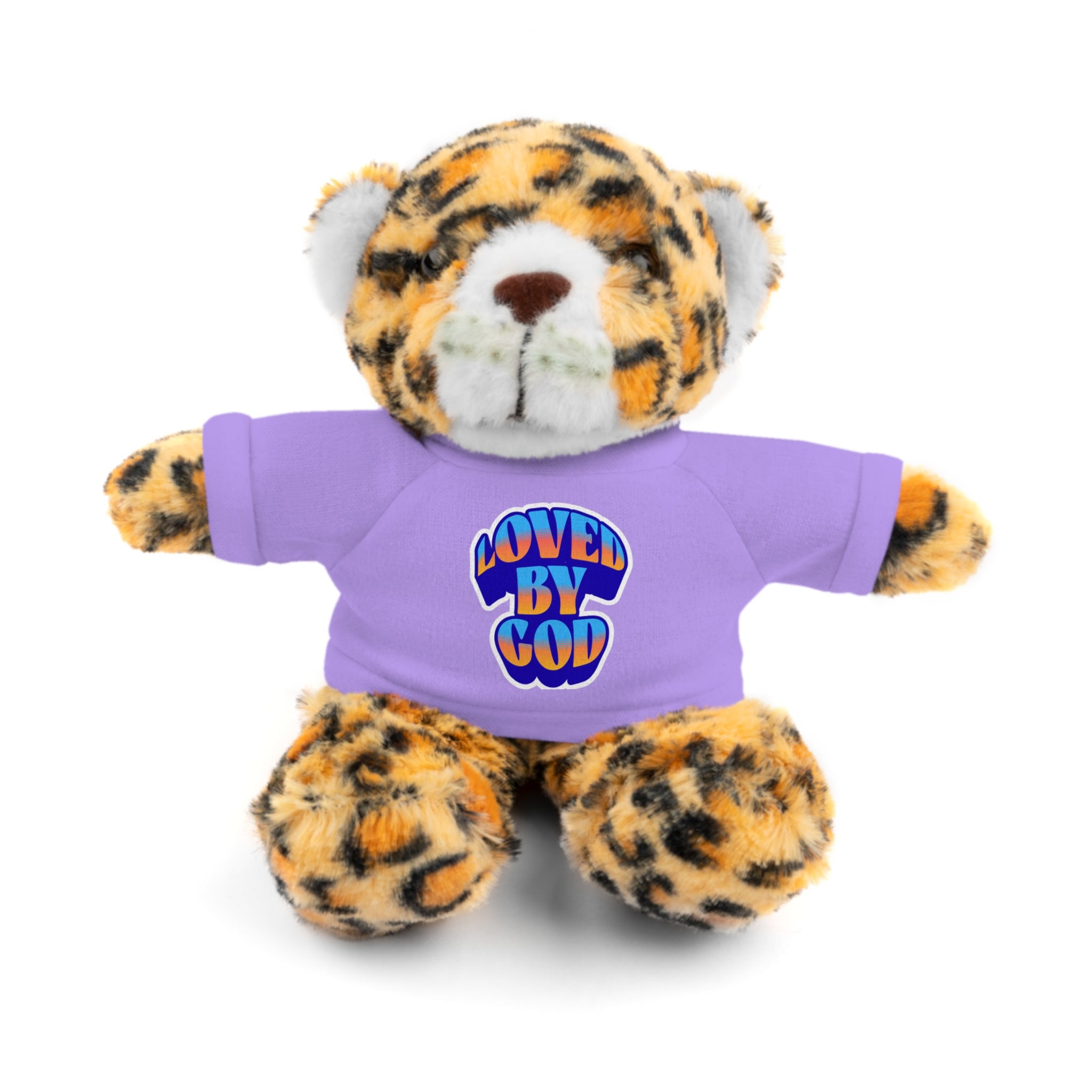 Plush leopard print teddy bear wearing a purple shirt with colorful "Loved by God" text on the front.