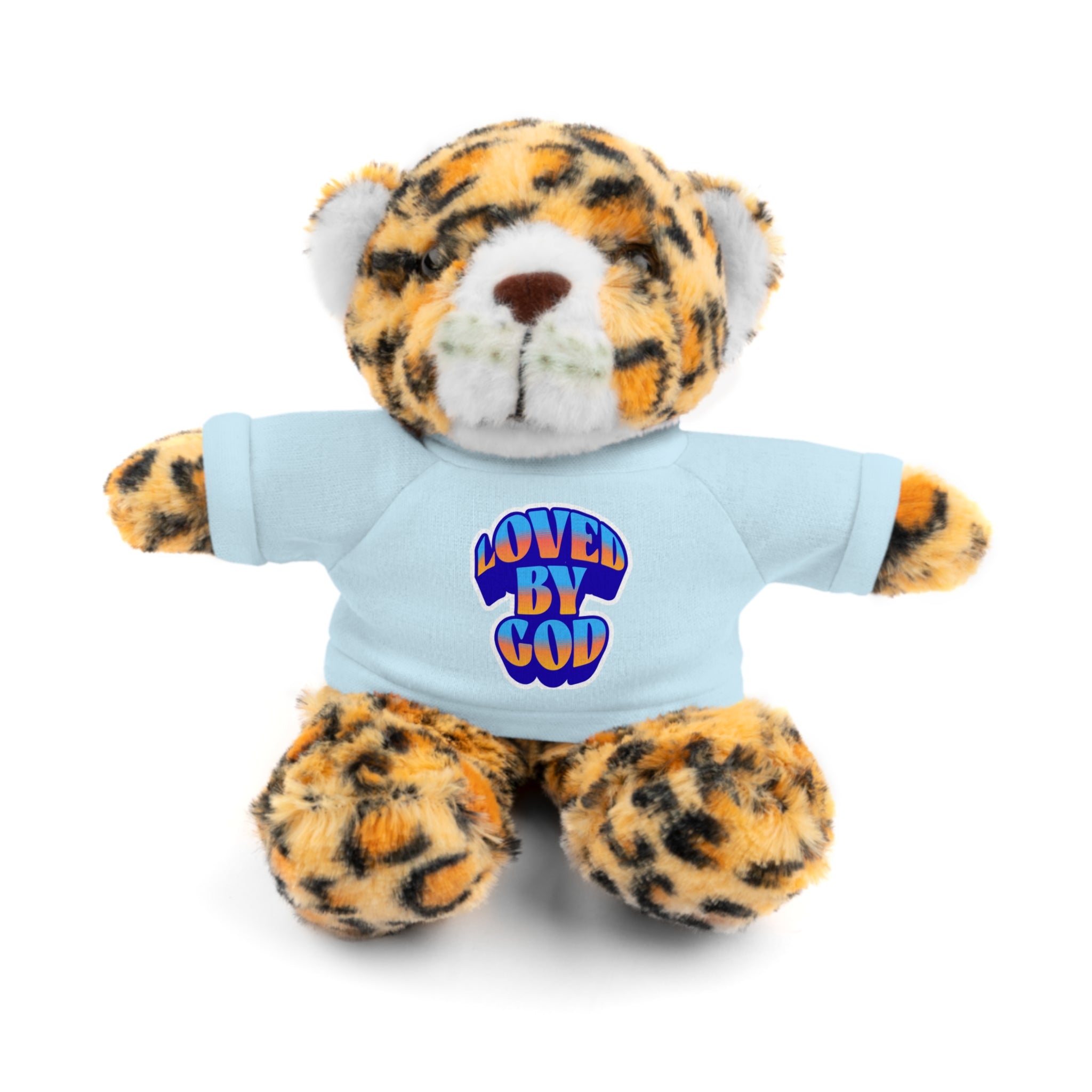 Plush leopard stuffed animal wearing a light blue shirt with "Loved by God" text on the front.