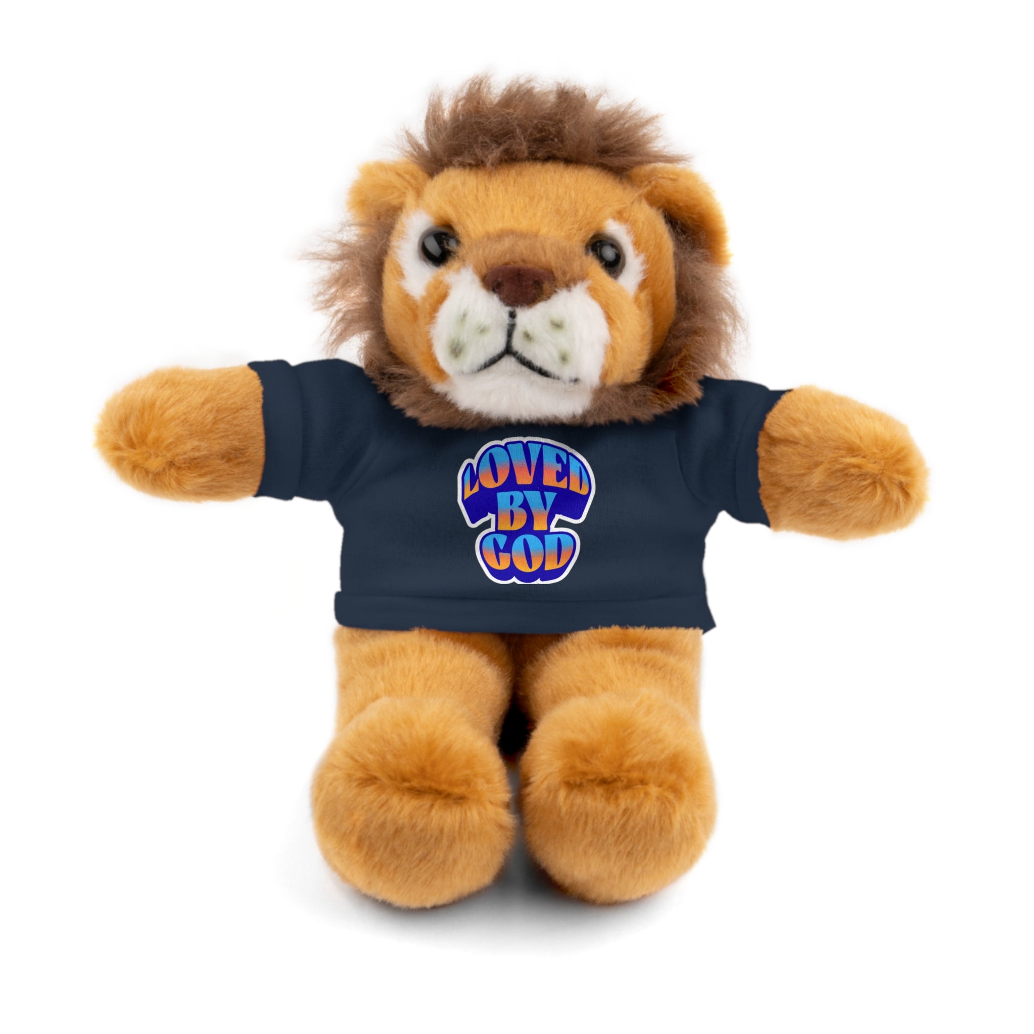 Plush lion toy wearing a navy blue shirt with colorful "Loved by God" text on front sitting upright on white background