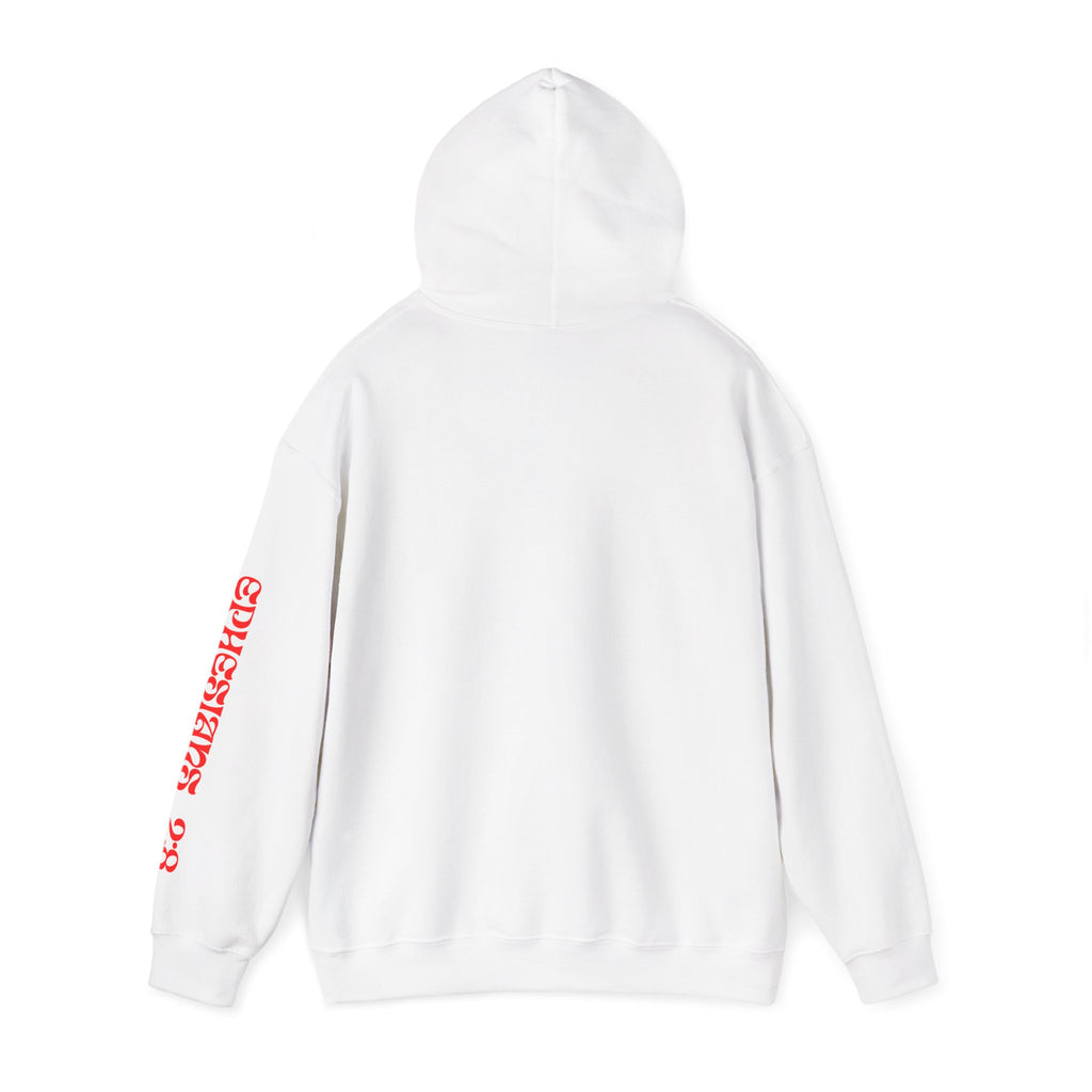 Saved By Grace Hoodie — White Christian Graphic Hoodie with Red Script Sleeve Text