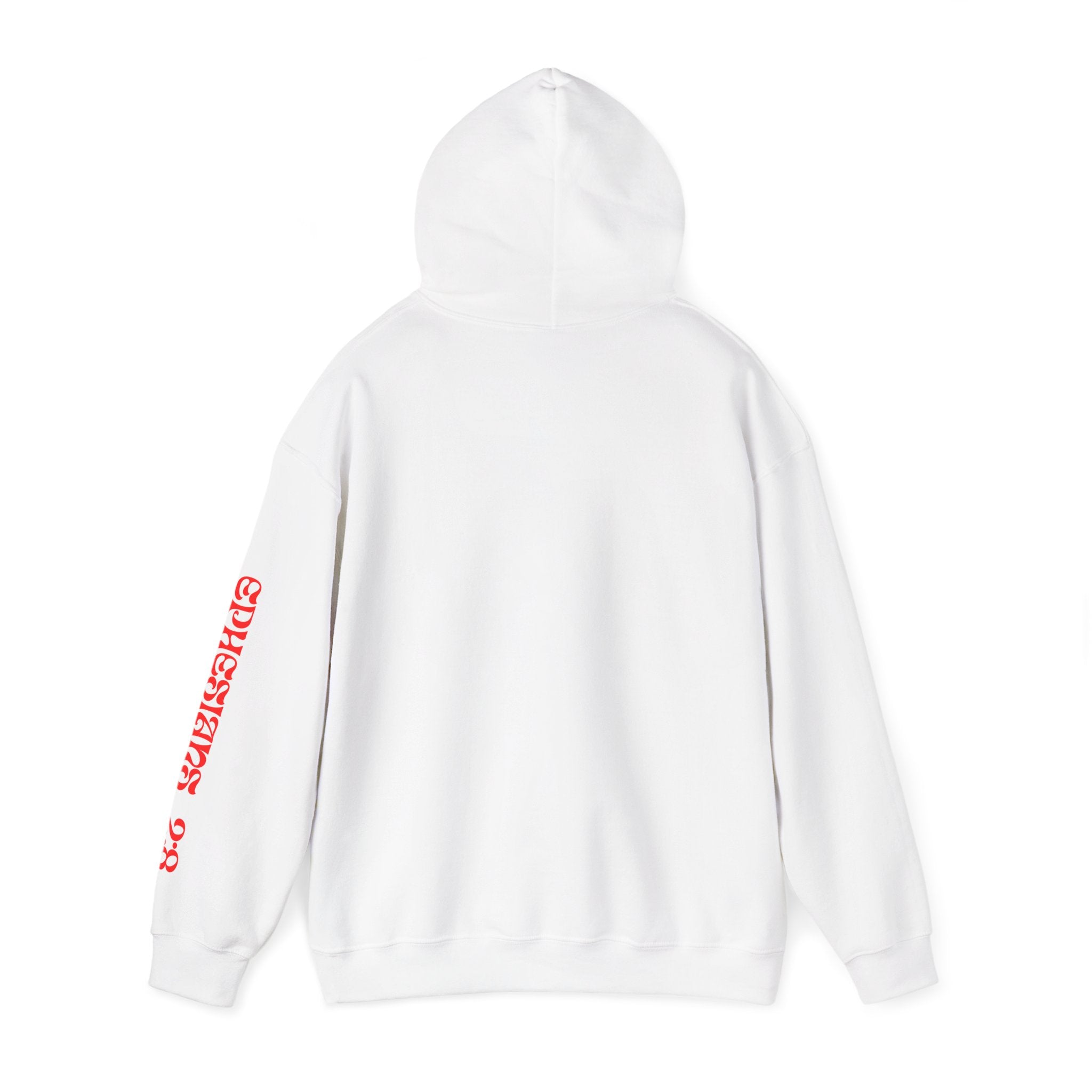 Saved By Grace Hoodie — White Christian Graphic Hoodie with Red Script Sleeve Text