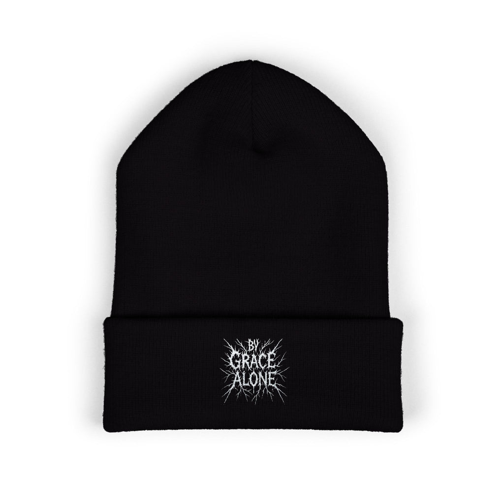 Black beanie with 'By Grace Alone' embroidery on a white background