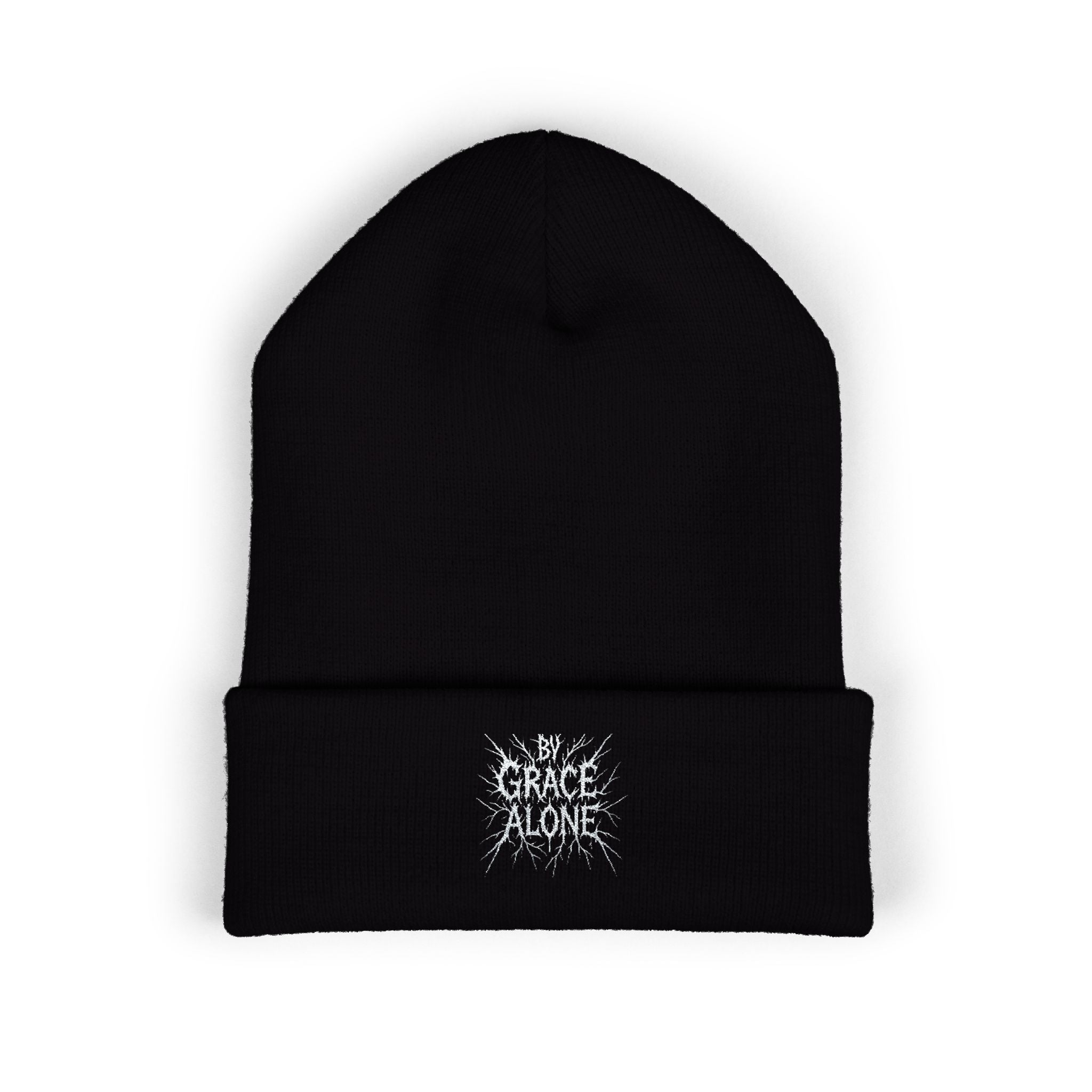 Black beanie with 'By Grace Alone' embroidery on a white background