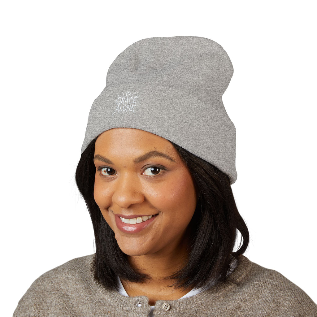 By Grace Alone Metal Embroidered Beanie — Classic Cuffed Winter Hat