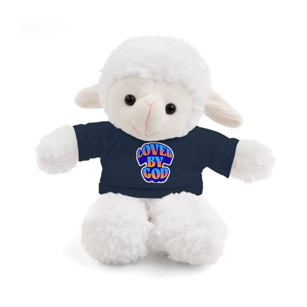 White plush lamb toy wearing a navy blue shirt with 'LOVED BY GOD' text on a white background