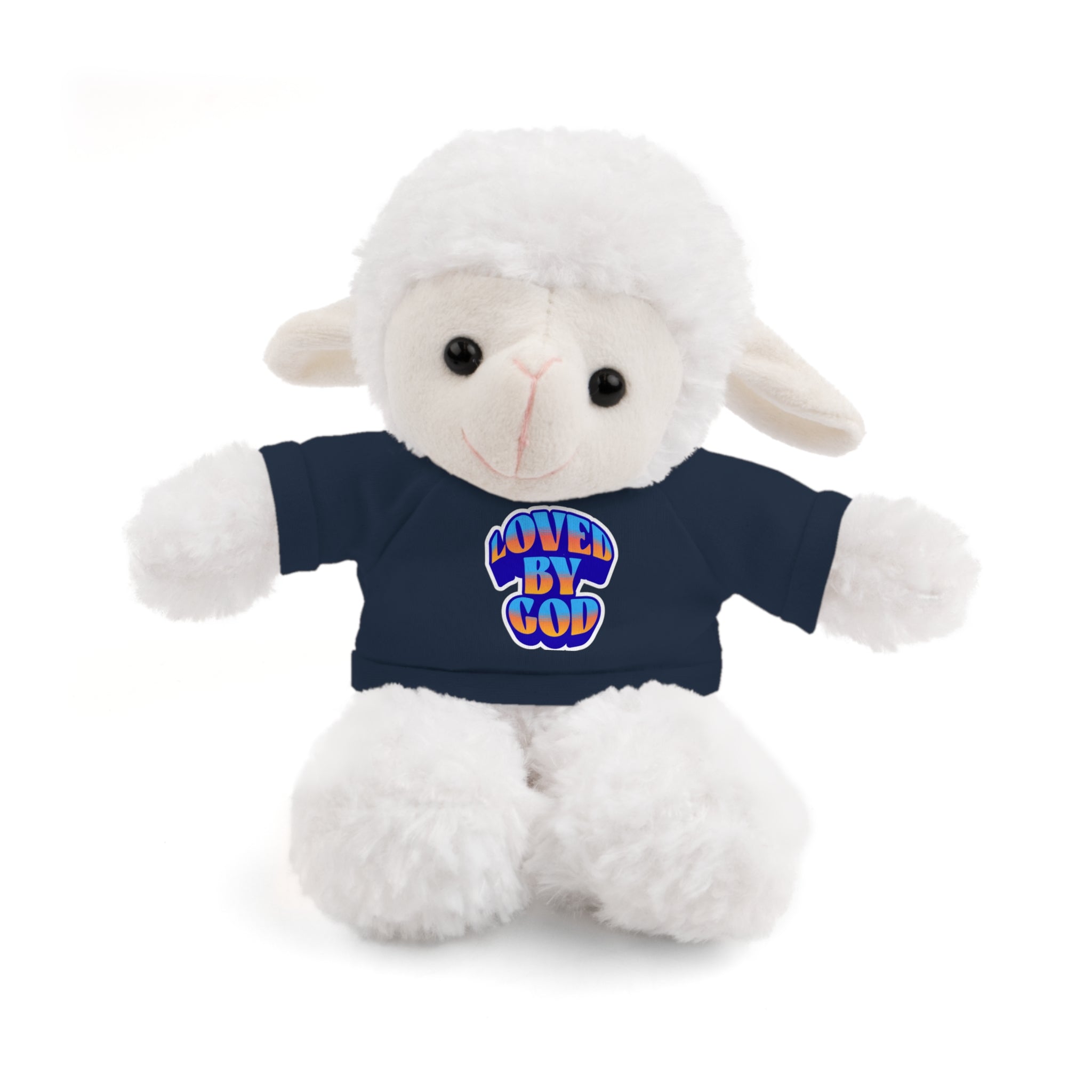 White plush lamb toy wearing a navy blue shirt with 'LOVED BY GOD' text on a white background