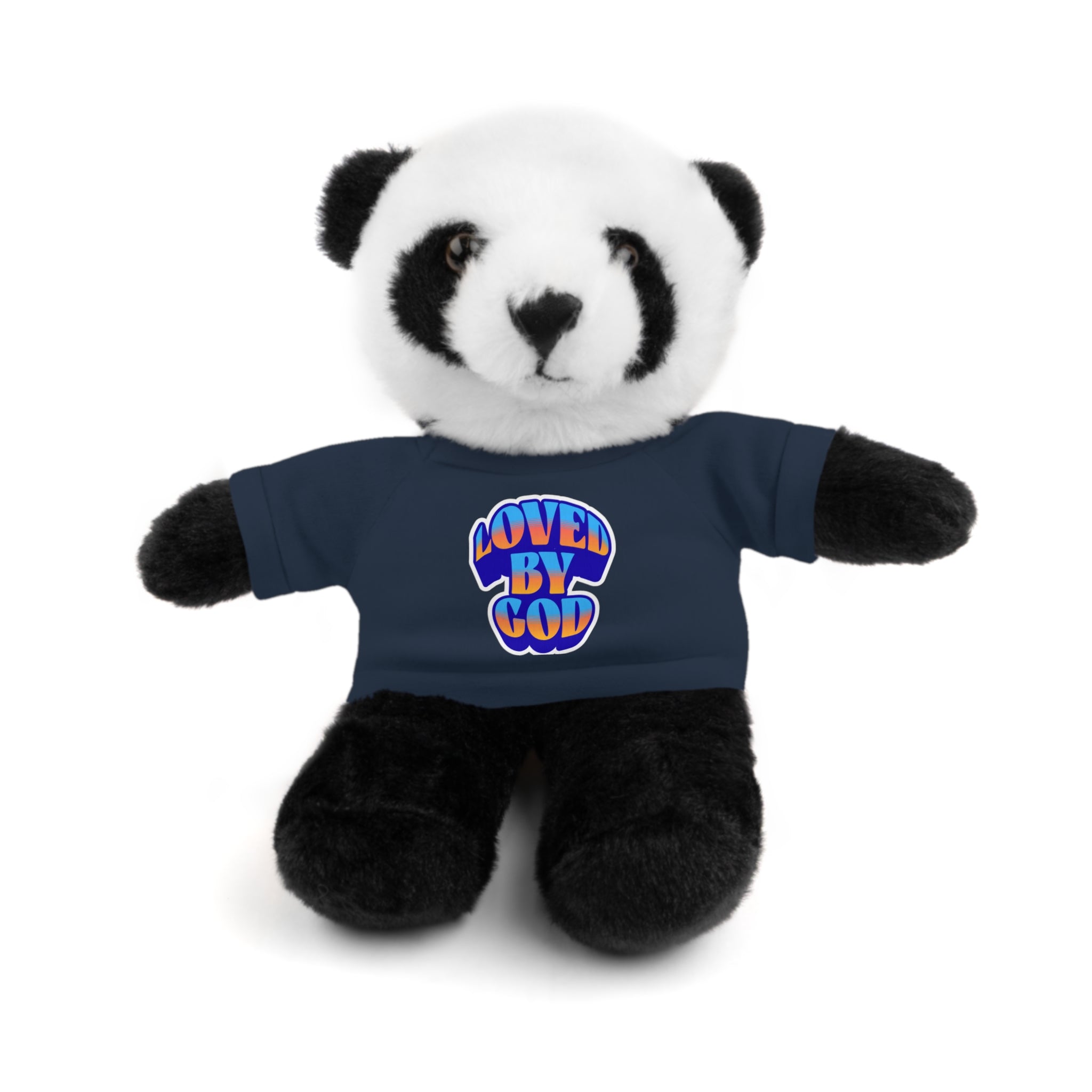 Plush panda bear wearing a navy blue shirt with colorful "Loved by God" text on the front sitting upright