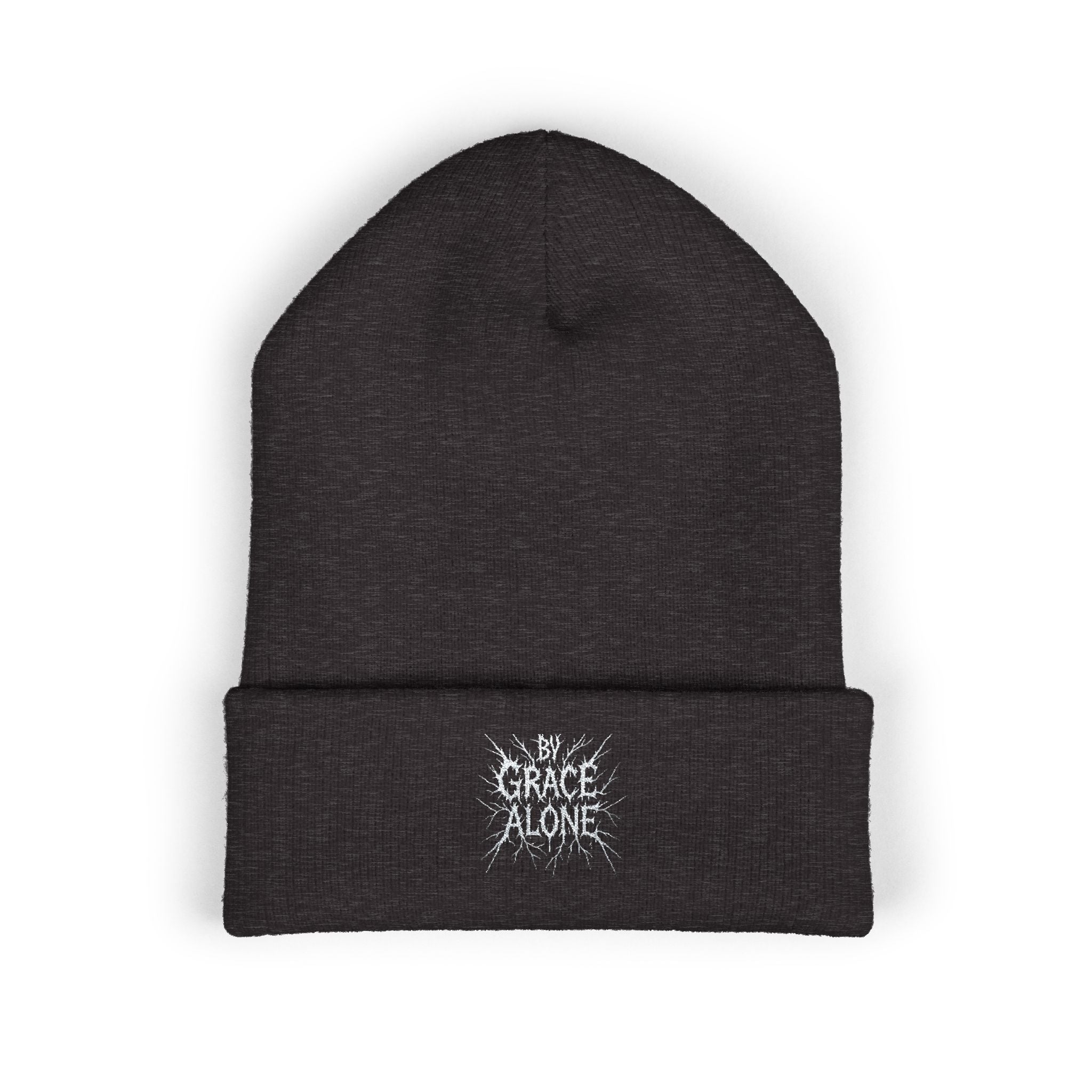 By Grace Alone Metal Embroidered Beanie — Classic Cuffed Winter Hat
