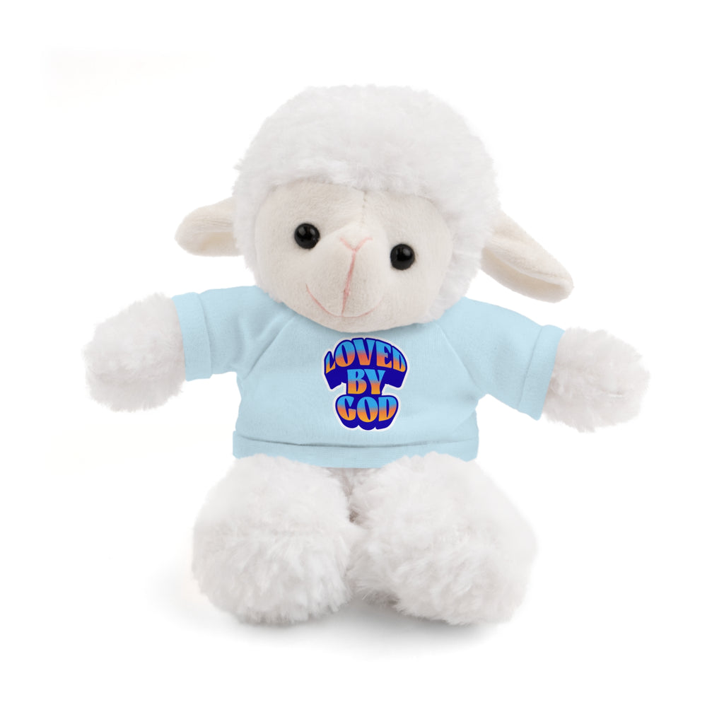 Plush white lamb stuffed animal wearing a blue shirt with "Loved by God" text printed on the front