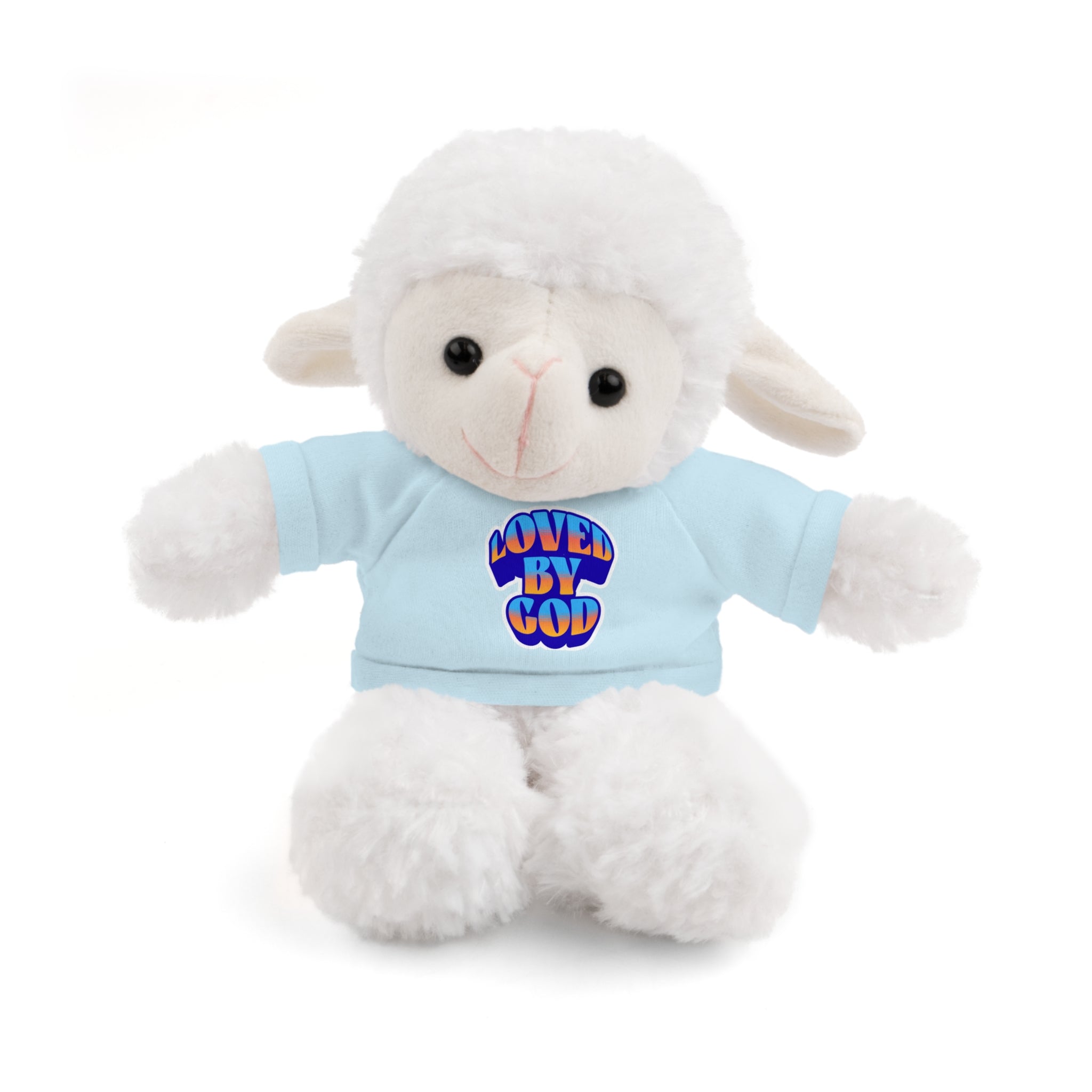 Plush white lamb stuffed animal wearing a blue shirt with "Loved by God" text printed on the front