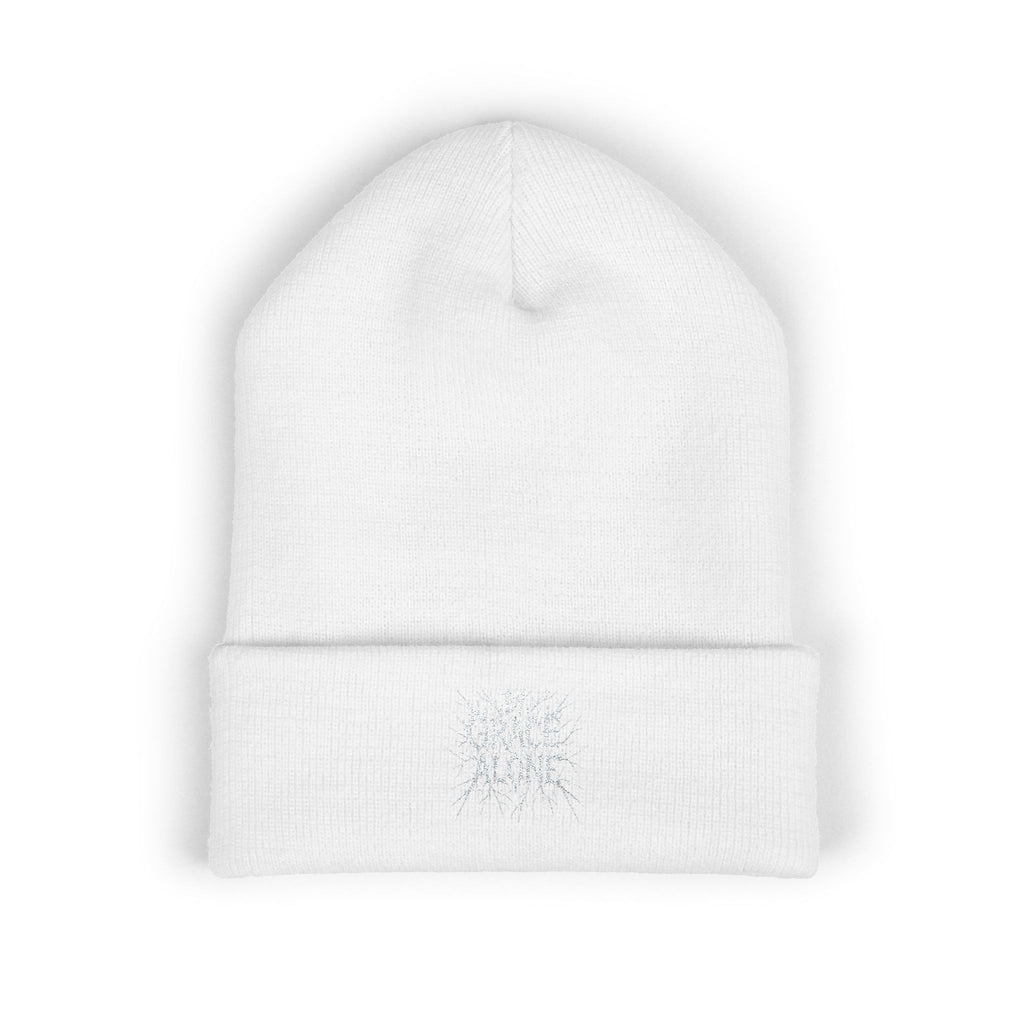 By Grace Alone Metal Embroidered Beanie — Classic Cuffed Winter Hat