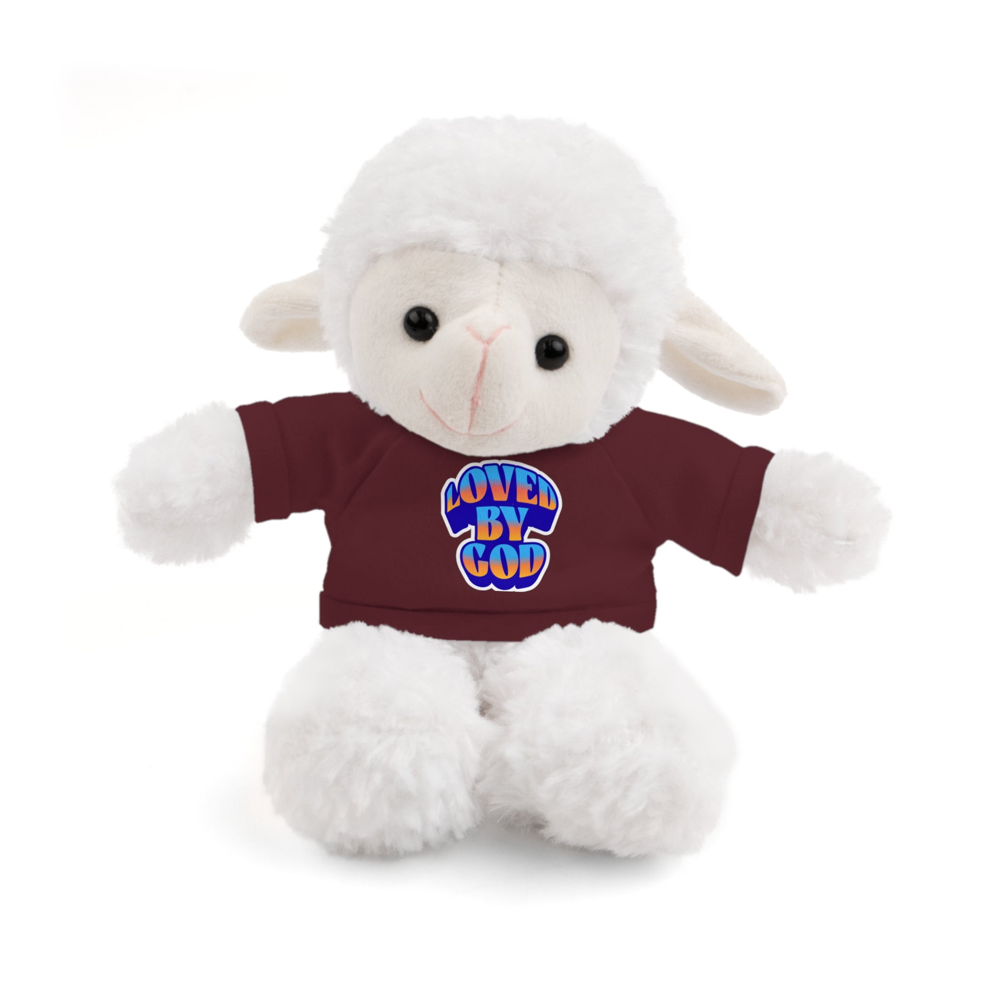 White plush lamb wearing a maroon shirt with "Loved by God" text sitting against a white background