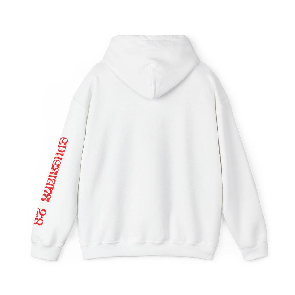 Saved By Grace Hoodie — White Christian Graphic Hoodie with Red Script Sleeve Text