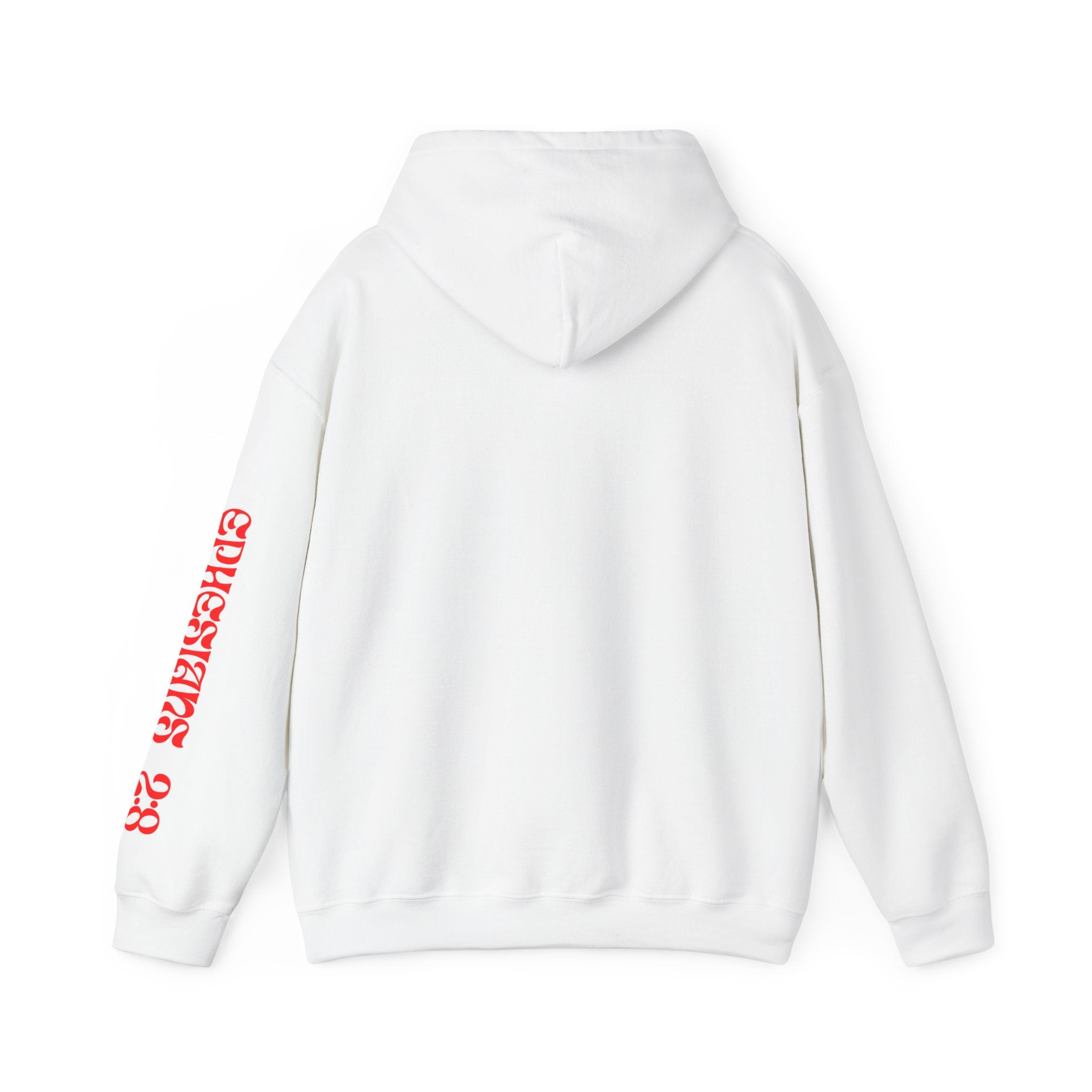 Saved By Grace Hoodie — White Christian Graphic Hoodie with Red Script Sleeve Text