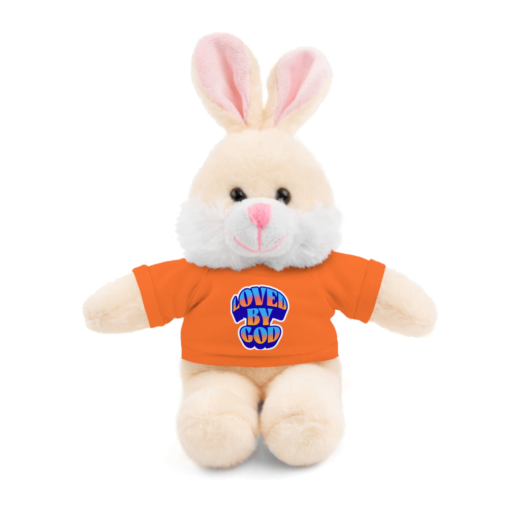 Plush bunny wearing an orange shirt with "Loved by God" text, soft and cuddly stuffed animal toy on white background.