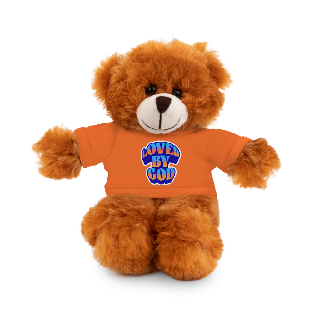 Brown teddy bear wearing an orange shirt with "Loved by God" text sitting against a white background
