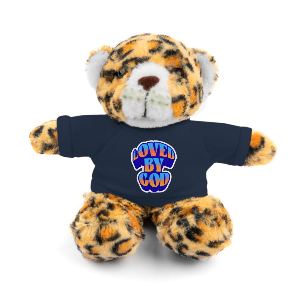 Plush leopard stuffed animal wearing a navy blue shirt with colorful "Loved by God" text on the front