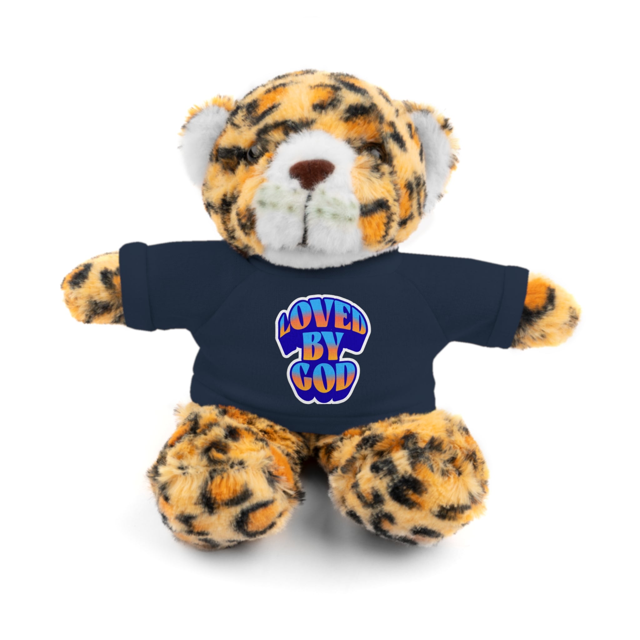 Plush leopard stuffed animal wearing a navy blue shirt with colorful "Loved by God" text on the front
