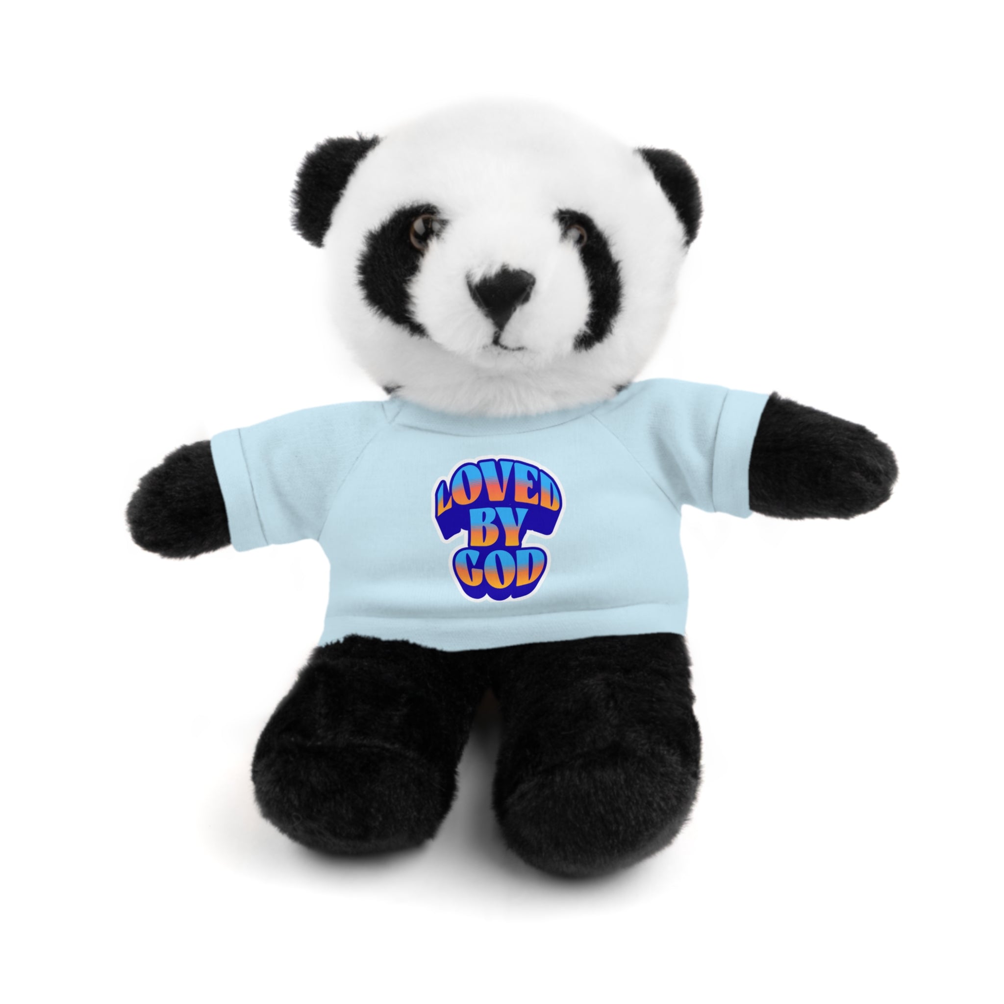 Plush panda bear wearing a light blue shirt with "Loved By God" text in colorful letters sitting on a white background.