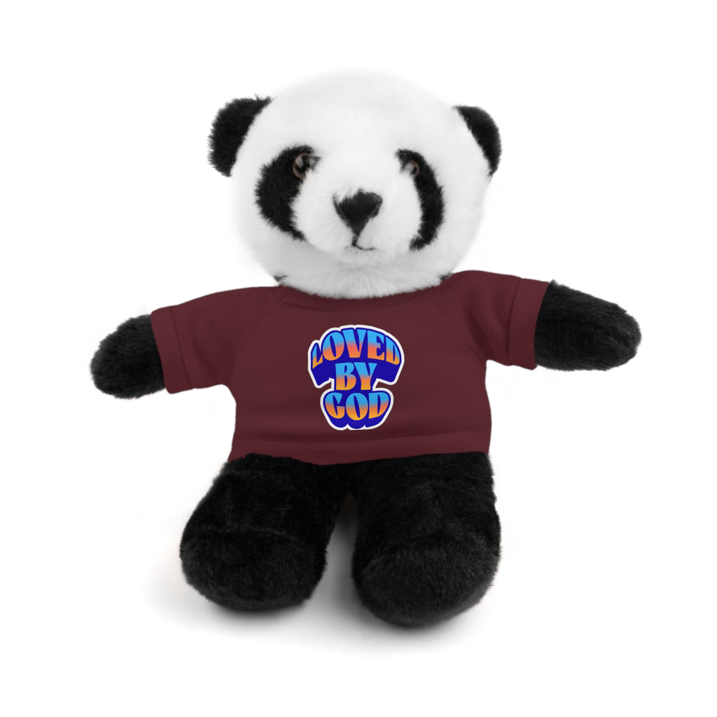 Black and white plush panda bear wearing a maroon shirt with "Loved By God" text on the front