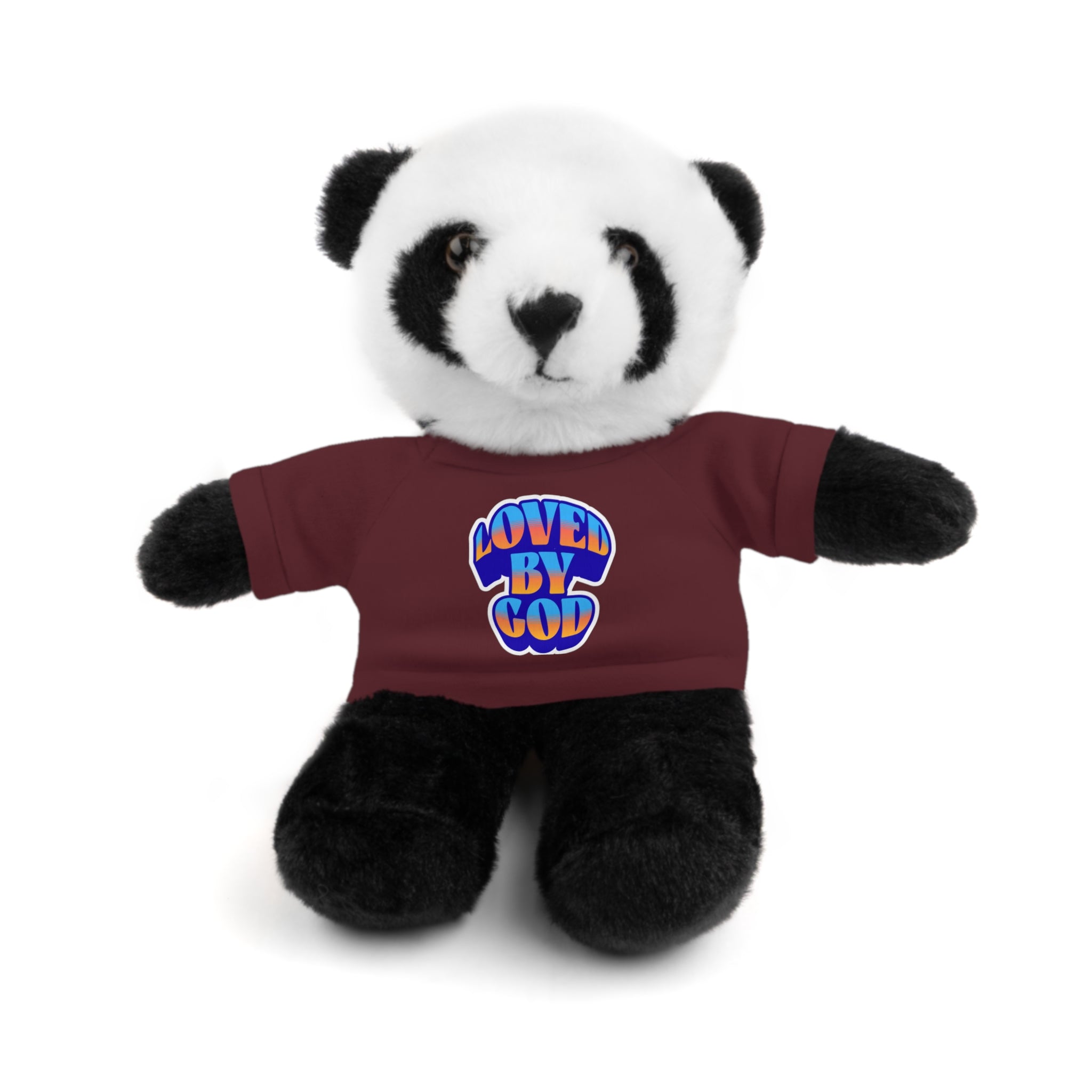 Black and white plush panda bear wearing a maroon shirt with "Loved By God" text on the front