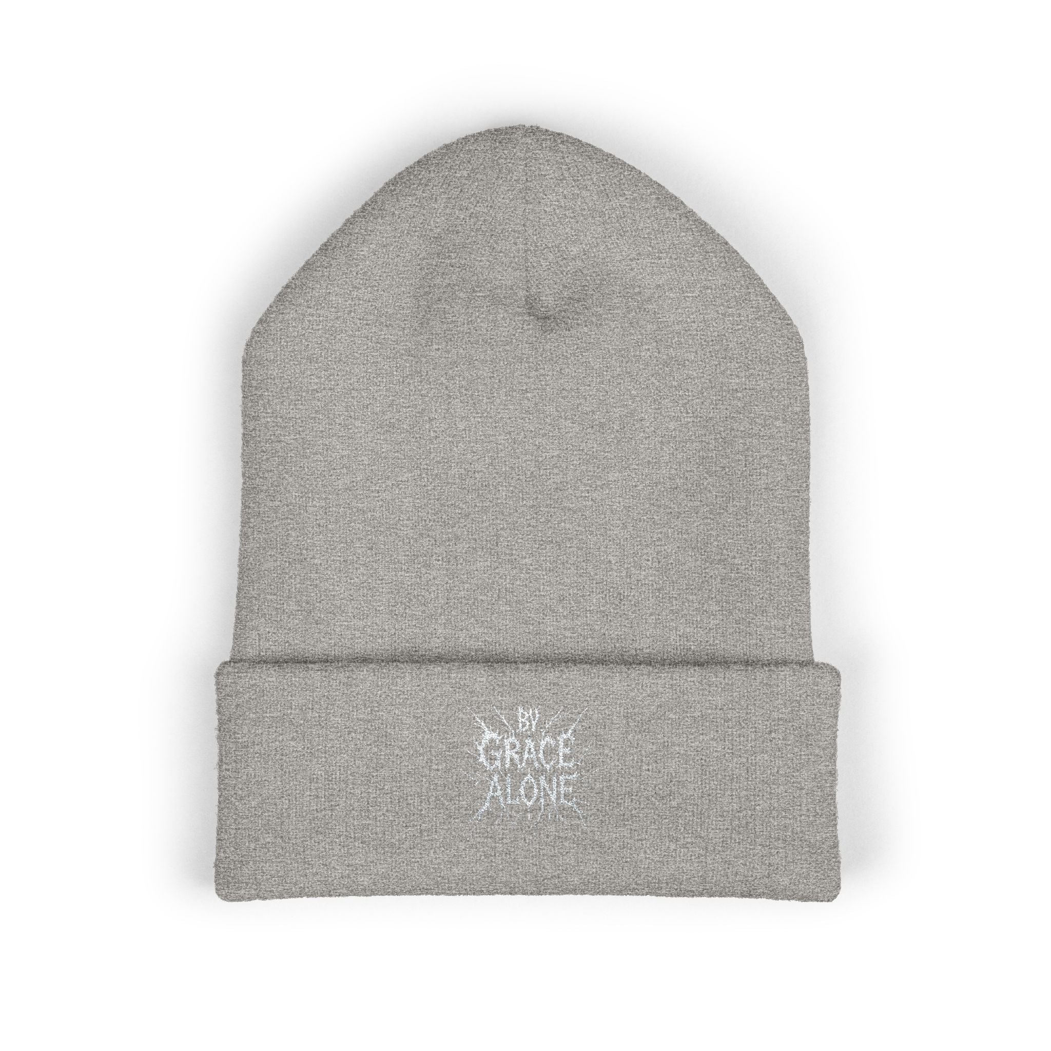 By Grace Alone Metal Embroidered Beanie — Classic Cuffed Winter Hat