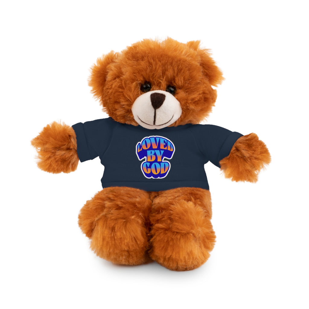 Brown teddy bear wearing a navy blue shirt with colorful "Loved by God" text on a white background