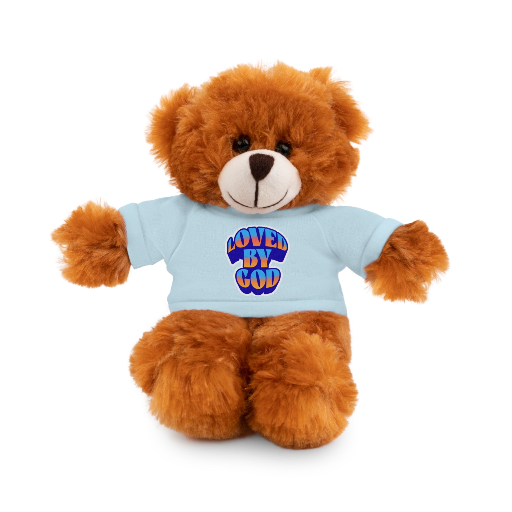 Brown teddy bear wearing a light blue shirt with "Loved by God" text sitting on a white background