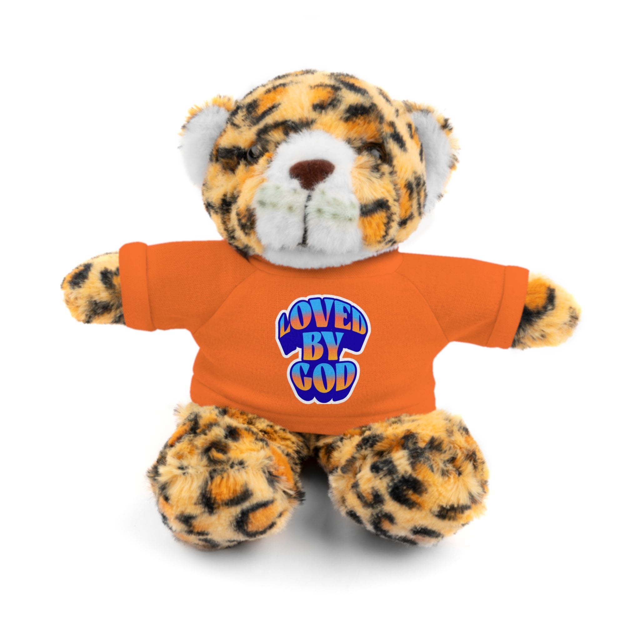 Plush leopard print teddy bear wearing an orange shirt with "Loved by God" text on the front sitting on white background