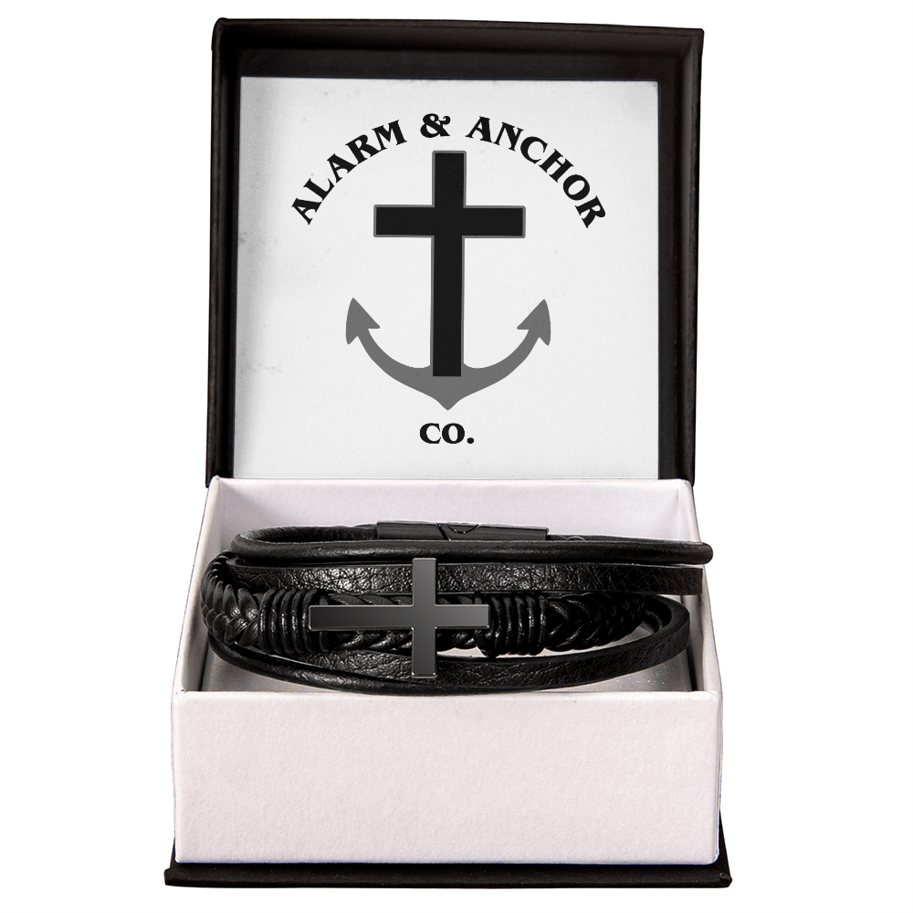 Forged in Faith Cross Bracelet in box white background 