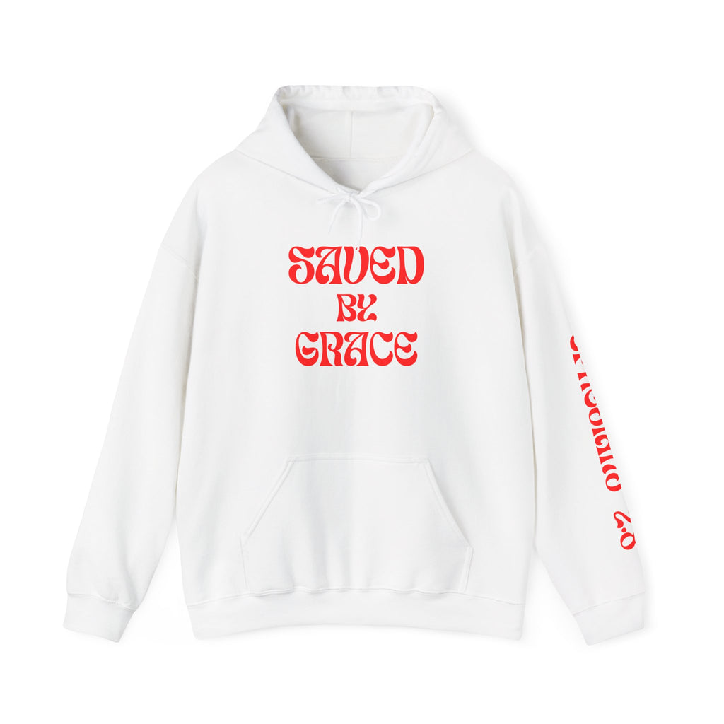 White hoodie with red text 'SAVED BY GRACE' on a white background